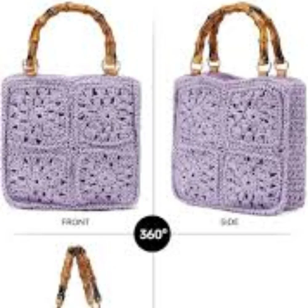 Lilac Crochet Handbag with Bamboo Handles – Boho Summer Shoulder Purse - Picture 4 of 4